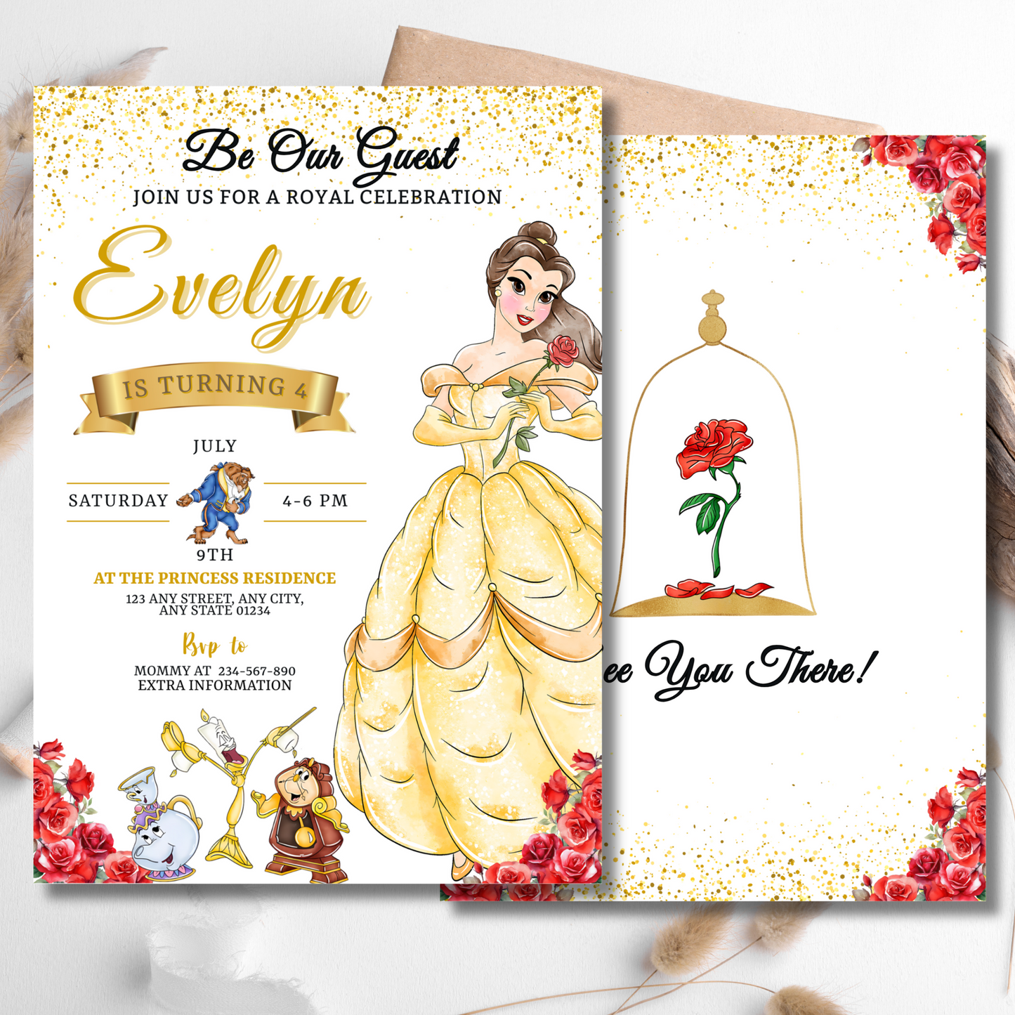 Beauty and the Beast princess birthday invitation template