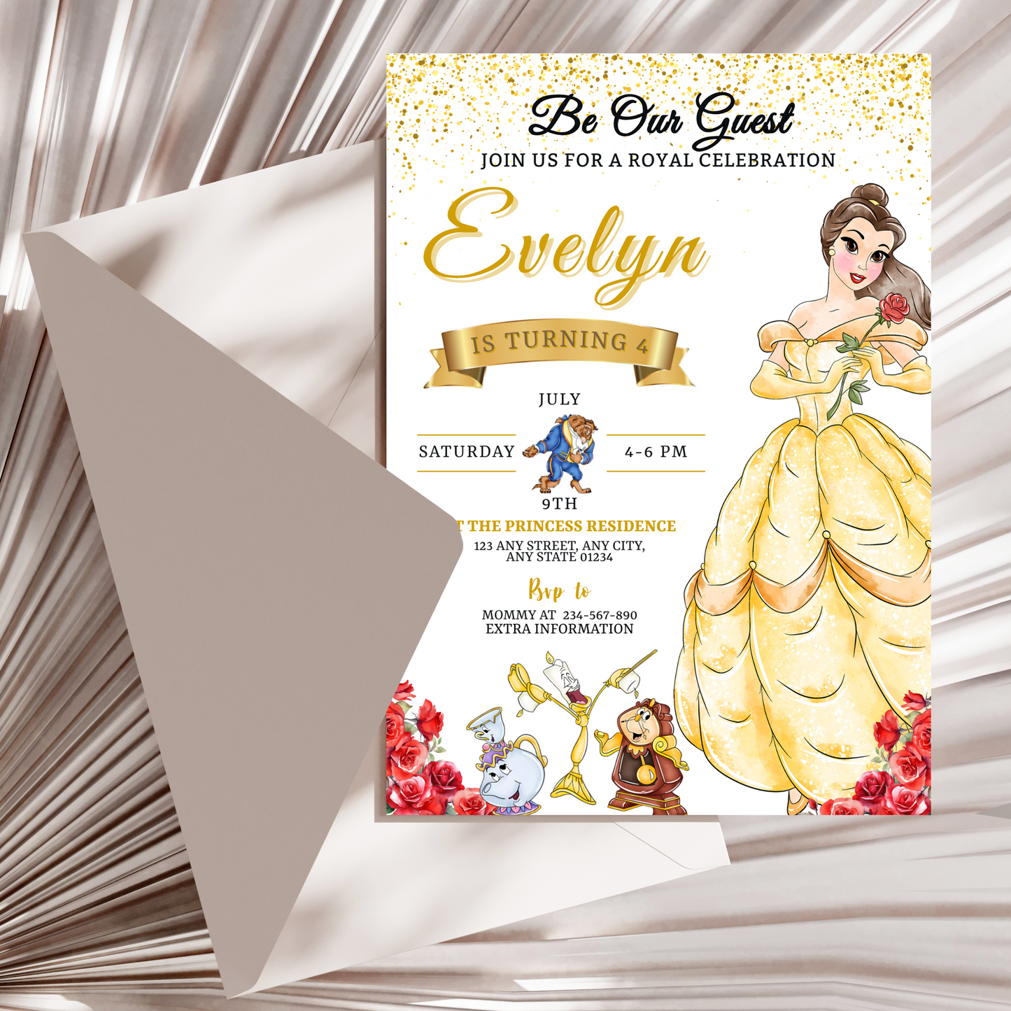 Printable enchanted rose Beauty and the Beast invitation