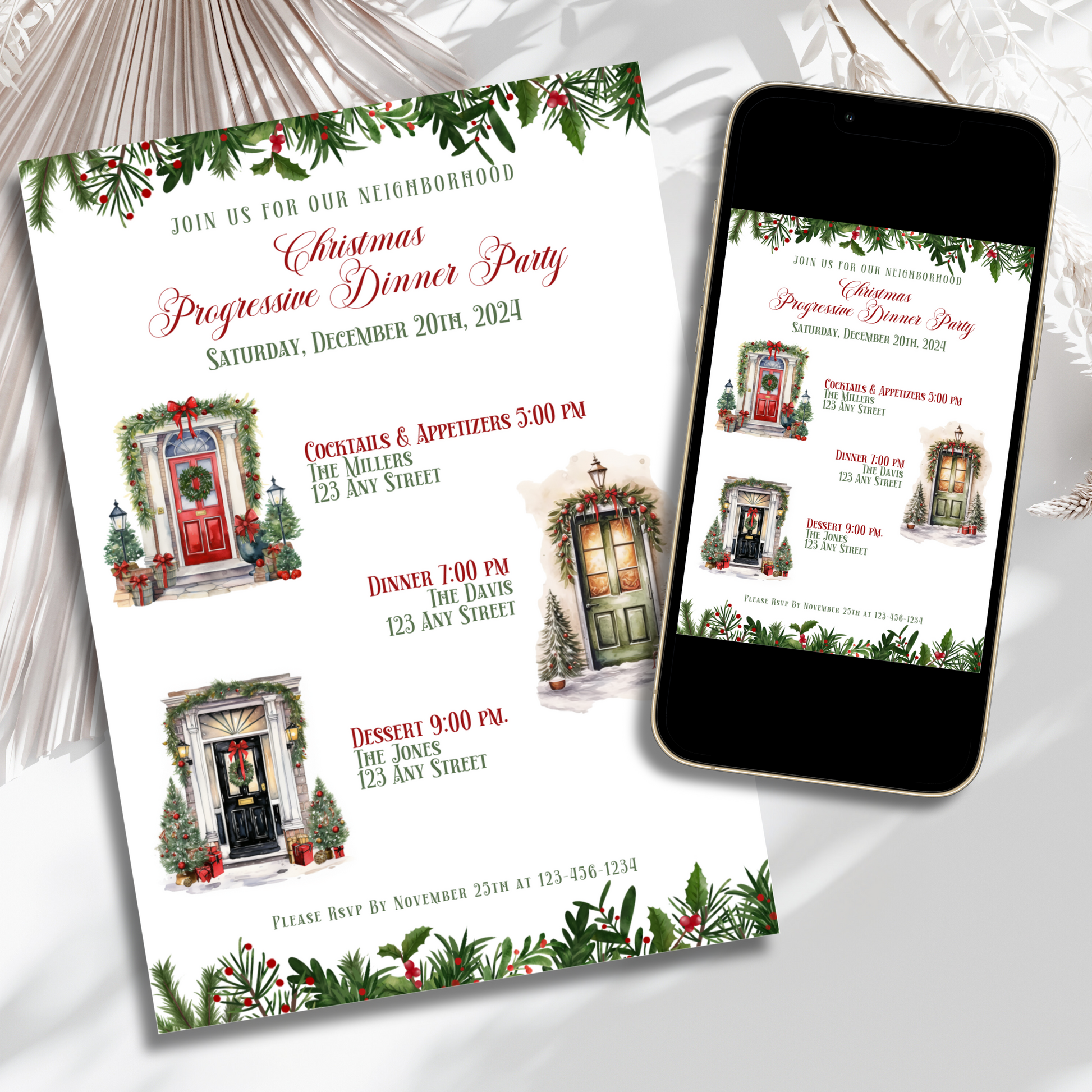 Progressive Dinner Party Invitation with elegant holiday design