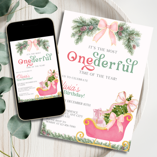 Most Onederful Time of the Year invitation template with festive design.