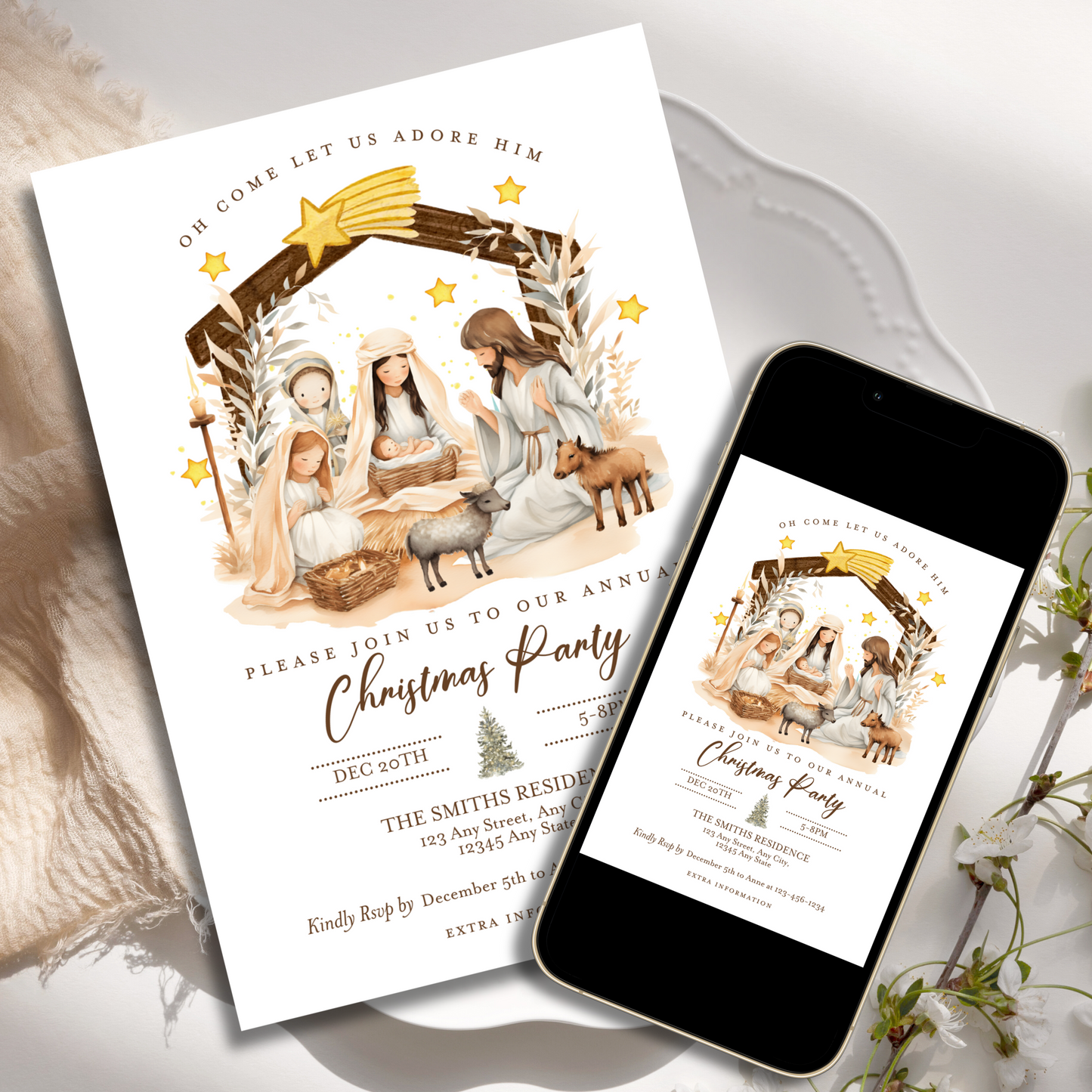 Christian Christmas Nativity Invitation Template featuring a serene design