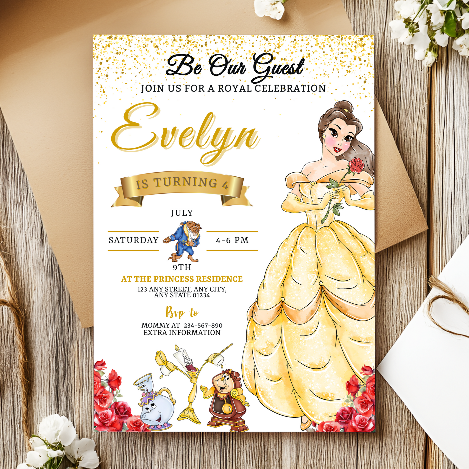 Editable Belle-themed birthday invitation with enchanted rose