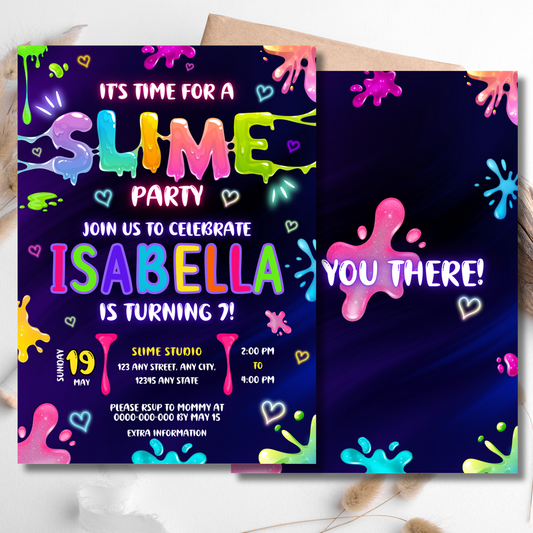 Rainbow glitter slime birthday invitation template for kids