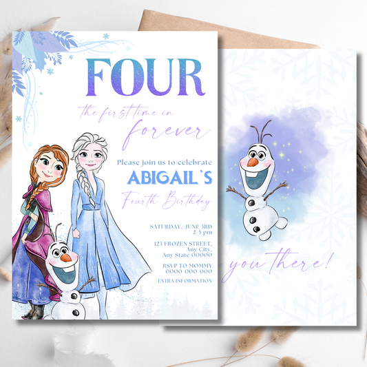 Printable Frozen 4th birthday invitation with Elsa and Olaf