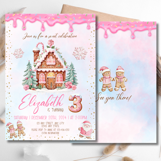 Digital invitation template for a Christmas-themed gingerbread house party