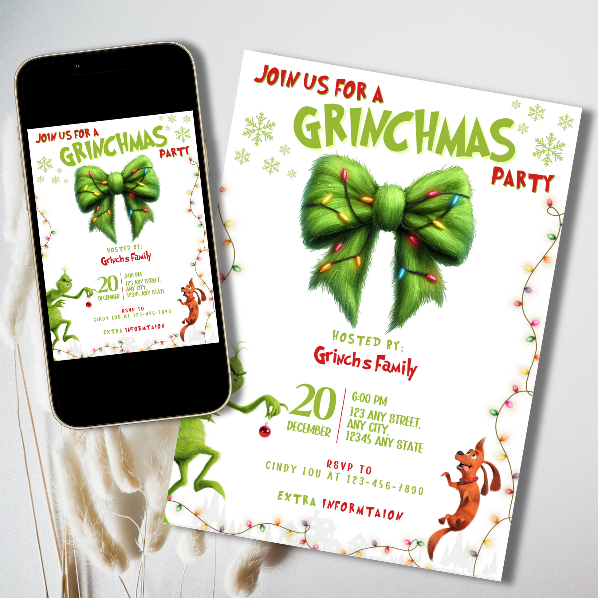 Grinch Birthday Invitation Template for Christmas Party