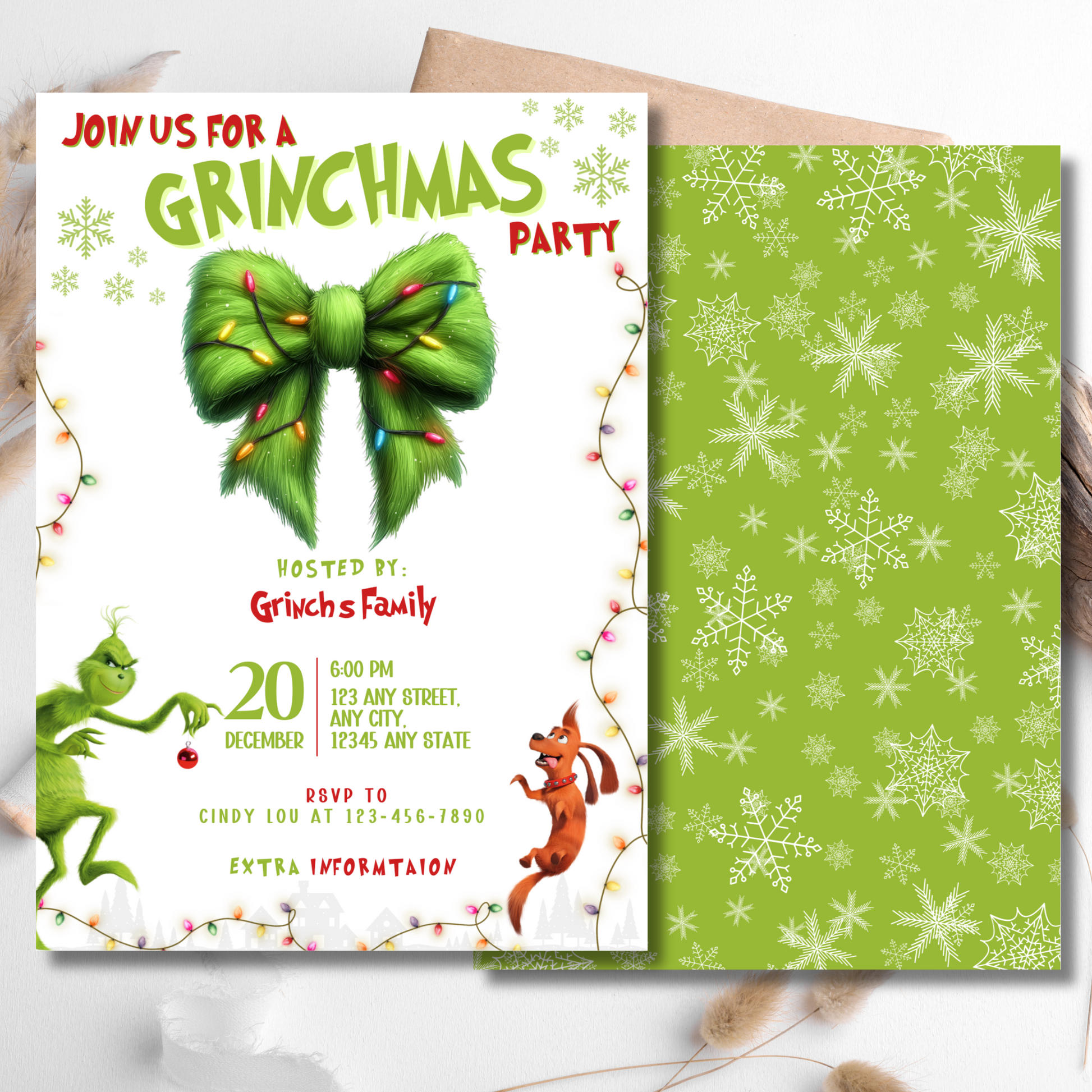 Digital Grinch Invitation for Christmas and Birthday Parties