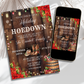 Western-themed Holiday Hoedown Christmas invitation on a rustic table