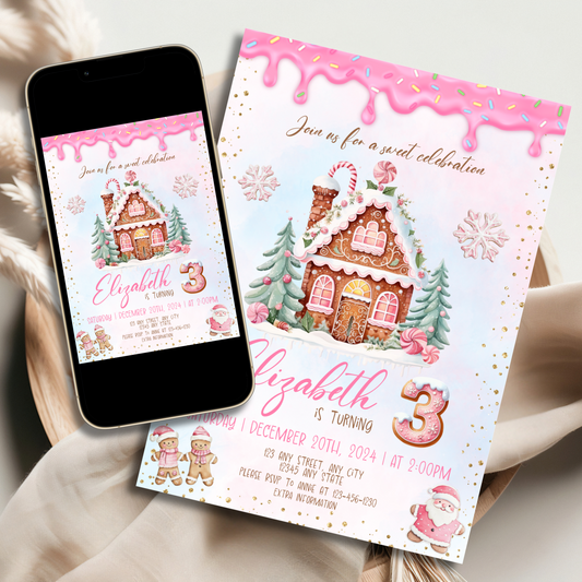 Pink gingerbread house Christmas invitation template for birthday or holiday party