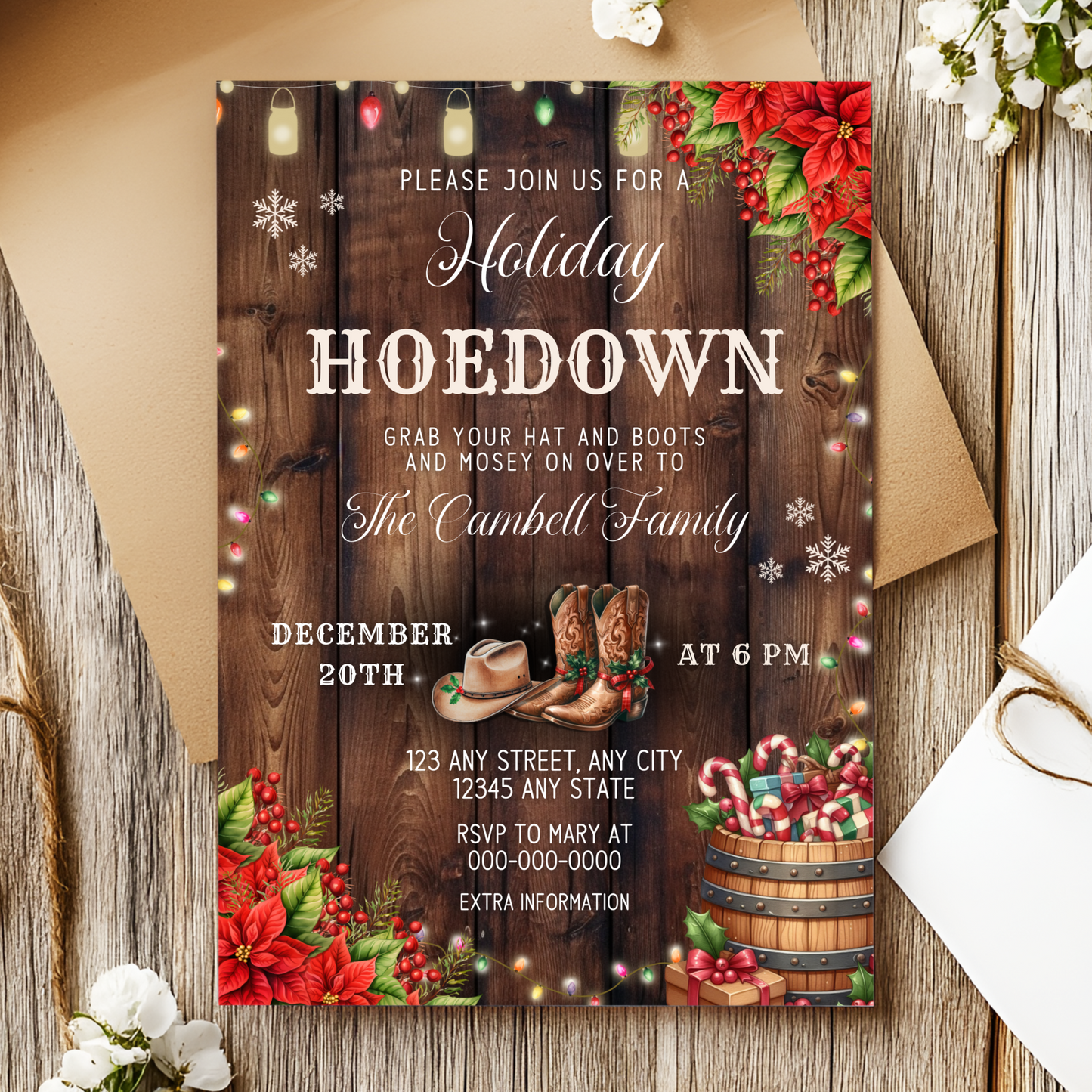 Canva-editable cowboy Christmas invitation with festive design