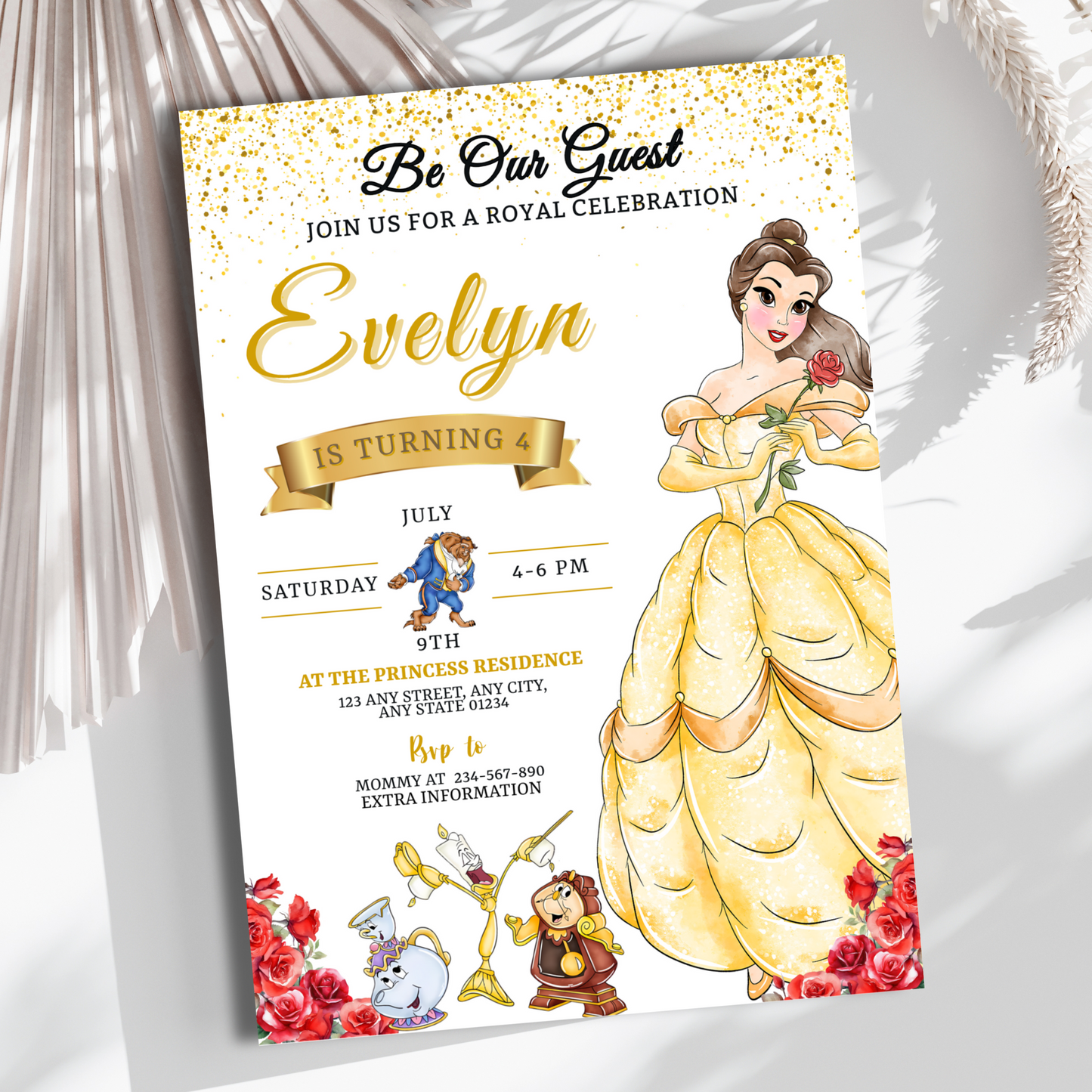 Beauty and the Beast wedding invitation template with fairytale theme